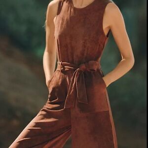 Anthropologie Faux Suede Brown Tie-Waist Jumpsuit